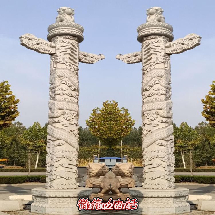 精美大理石手工雕刻龍紋華表雕塑，點(diǎn)綴廣場美景