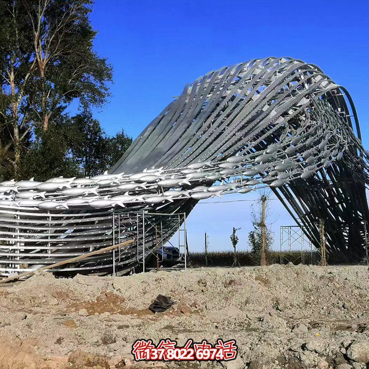 沖浪魚群、水波不銹鋼景觀雕塑